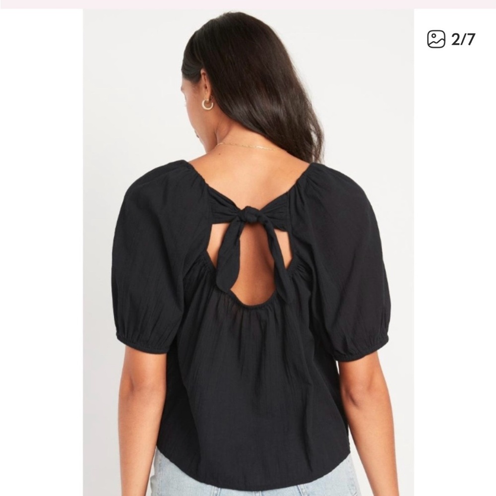 Old Navy 100% Cotton Blouse Black Puff Sleeve Open Tie-Back Swing. Size small. - Picture 3 of 15